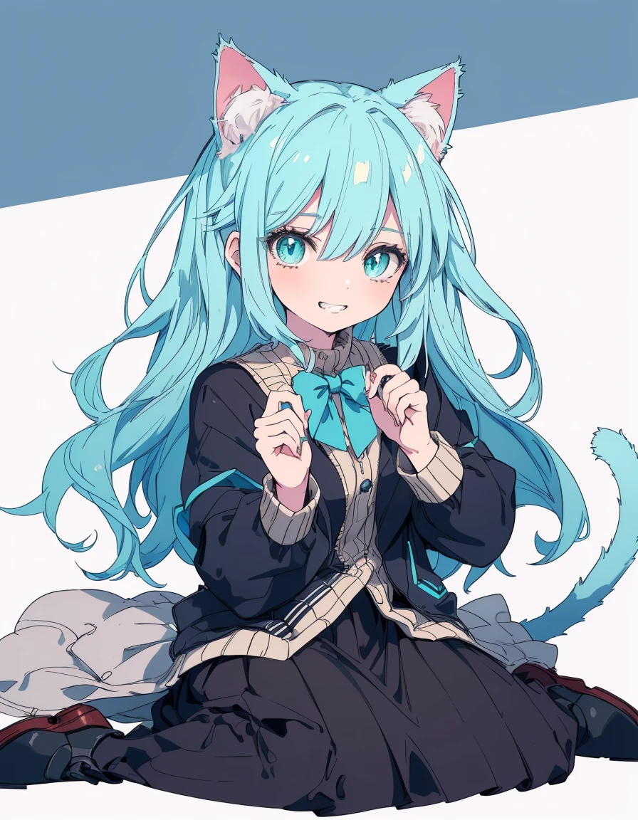 grin, wariza, fullbody, ((masterpiece, best quality:1.5)), ((Beautiful detailed cat aqua eyes:1.2)), cat ears, pale skin, small breasts, beautiful hands, beautiful fingers, EasyNegative