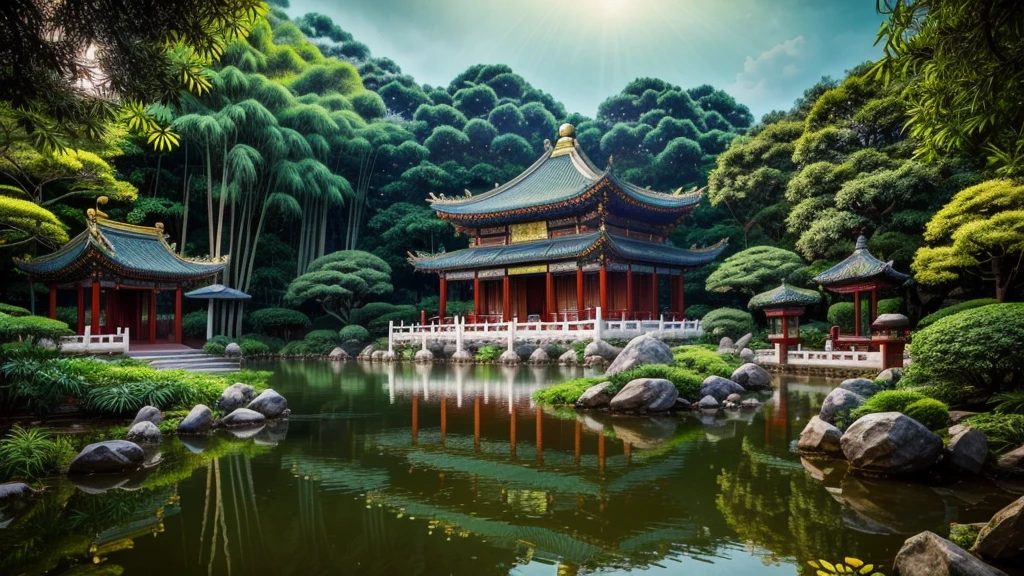 a chinese temple in a fantasy landscape, intricate chinese architecture, ornate chinese pavilion, mythical chinese gods and celestials, serene oriental garden,bamboo forest,lush foliage, ornamental pond, dramatic lighting, cinematic composition, highly detailed, 8k, photorealistic, masterpiece, vibrant colors, chiaroscuro lighting, dramatic shadows, ethereal atmosphere, magical realism