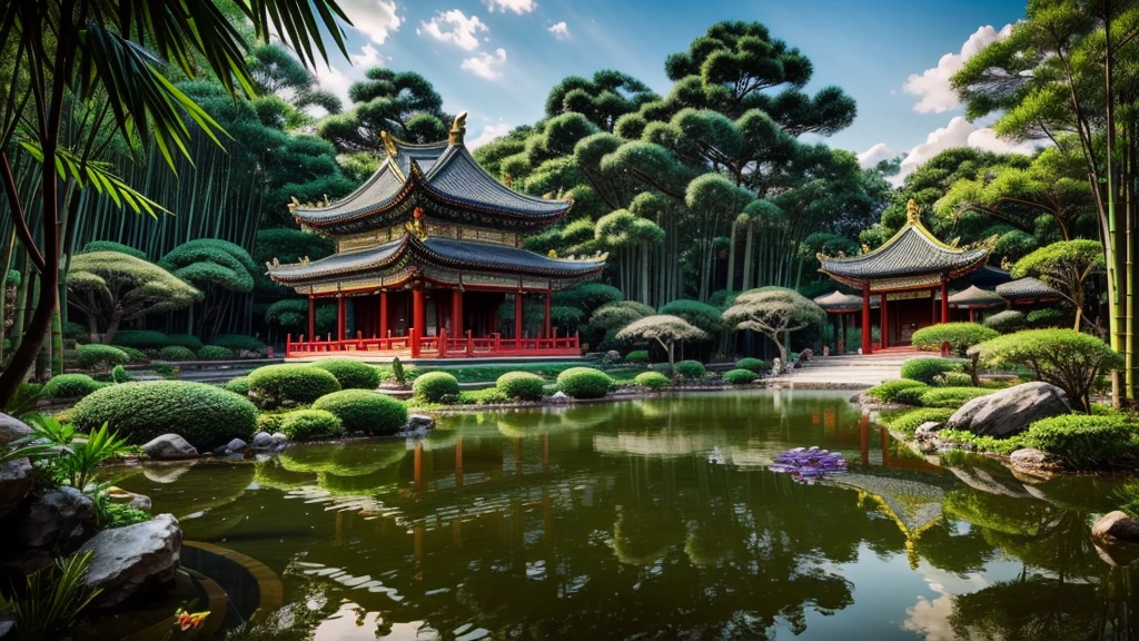 a chinese temple in a fantasy landscape, intricate chinese architecture, ornate chinese pavilion, mythical chinese gods and celestials, serene oriental garden,bamboo forest,lush foliage, ornamental pond, dramatic lighting, cinematic composition, highly detailed, 8k, photorealistic, masterpiece, vibrant colors, chiaroscuro lighting, dramatic shadows, ethereal atmosphere, magical realism