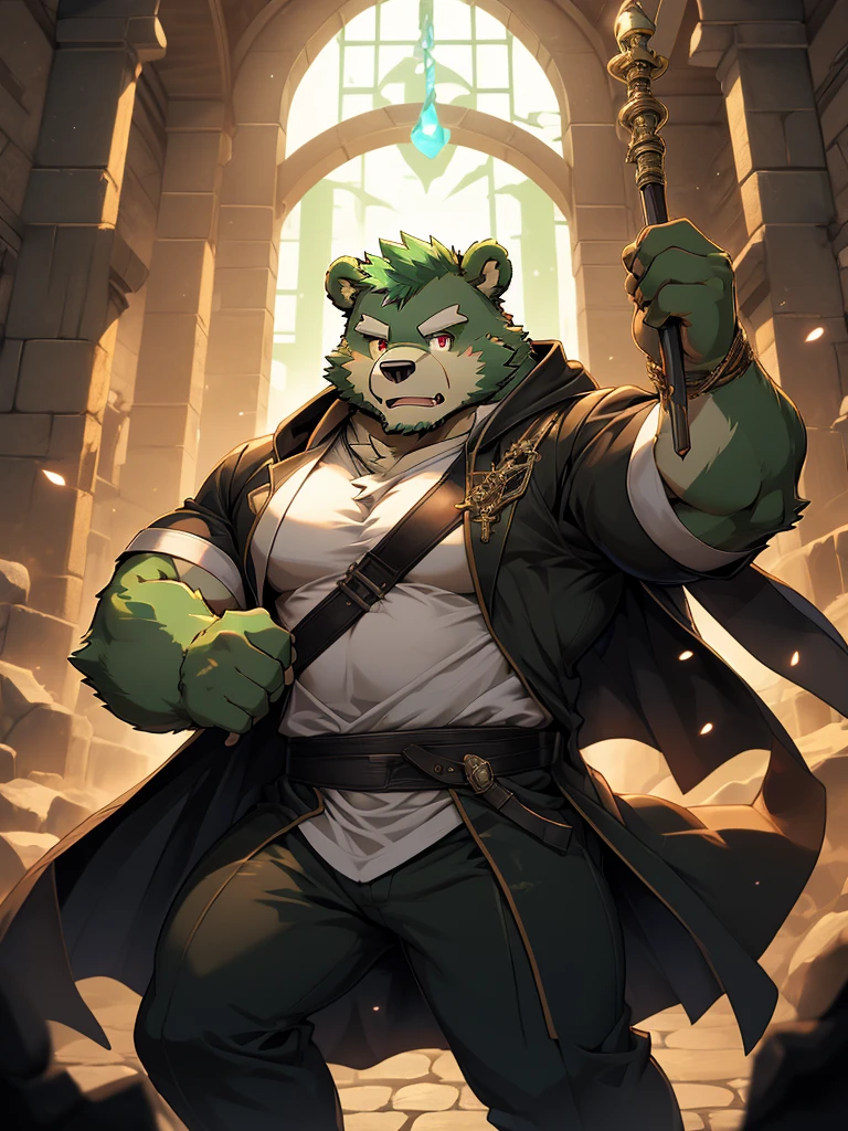 masterpiece, high quality, anime, detailed eyes, male jinpei, anthro, bear, Great physique, strong arms manly, Casual suit, (((green bear))), (((green fur))), green hair, beard, white eyebrows, bald, detailed red eyes, tall, Joyful, (black t-shirt inside), (((white unhooded trench coat ))), by zixiong, use a magic staff, dungeon, labyrinth, casting magic, action pose,