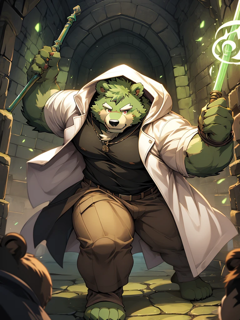 masterpiece, high quality, anime, detailed eyes, male jinpei, anthro, bear, Great physique, strong arms manly, Casual suit, (((green bear))), (((green fur))), green hair, beard, white eyebrows, bald, detailed red eyes, tall, Joyful, (black t-shirt inside), (((white unhooded trench coat ))), by zixiong, use a magic staff, dungeon, labyrinth, casting magic, action pose,