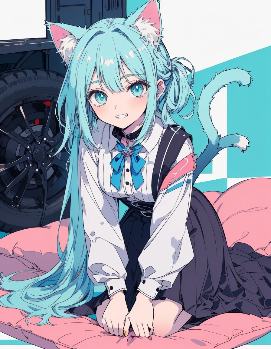 grin, wariza, fullbody, ((masterpiece, best quality:1.5)), ((Beautiful detailed cat aqua eyes:1.2)), cat ears, pale skin, small breasts, beautiful hands, beautiful fingers, EasyNegative
