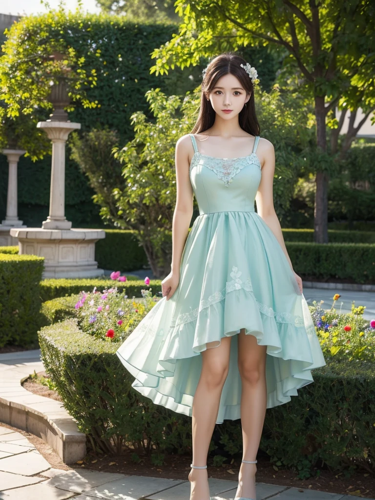 Garden Terrace、Polyester Dresses、(Highest quality)), (Very detailed), ((Very detailed)), 4K, (8K), Highest quality, One person,Kind Face、Soft Light、RAW quality、Heel、bouquet、Thighs、Real