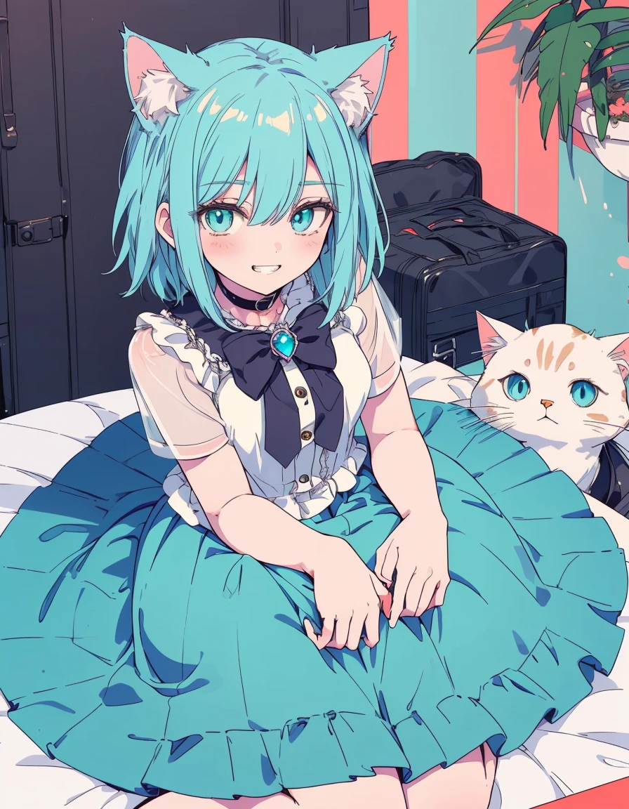 grin, wariza, fullbody, ((masterpiece, best quality:1.5)), ((Beautiful detailed cat aqua eyes:1.2)), cat ears, pale skin, small , beautiful hands, beautiful fingers, EasyNegative