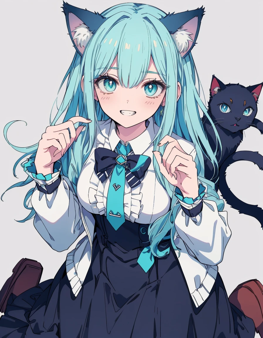 grin, wariza, fullbody, ((masterpiece, best quality:1.5)), ((Beautiful detailed cat aqua eyes:1.2)), cat ears, pale skin, small breasts, beautiful hands, beautiful fingers, EasyNegative