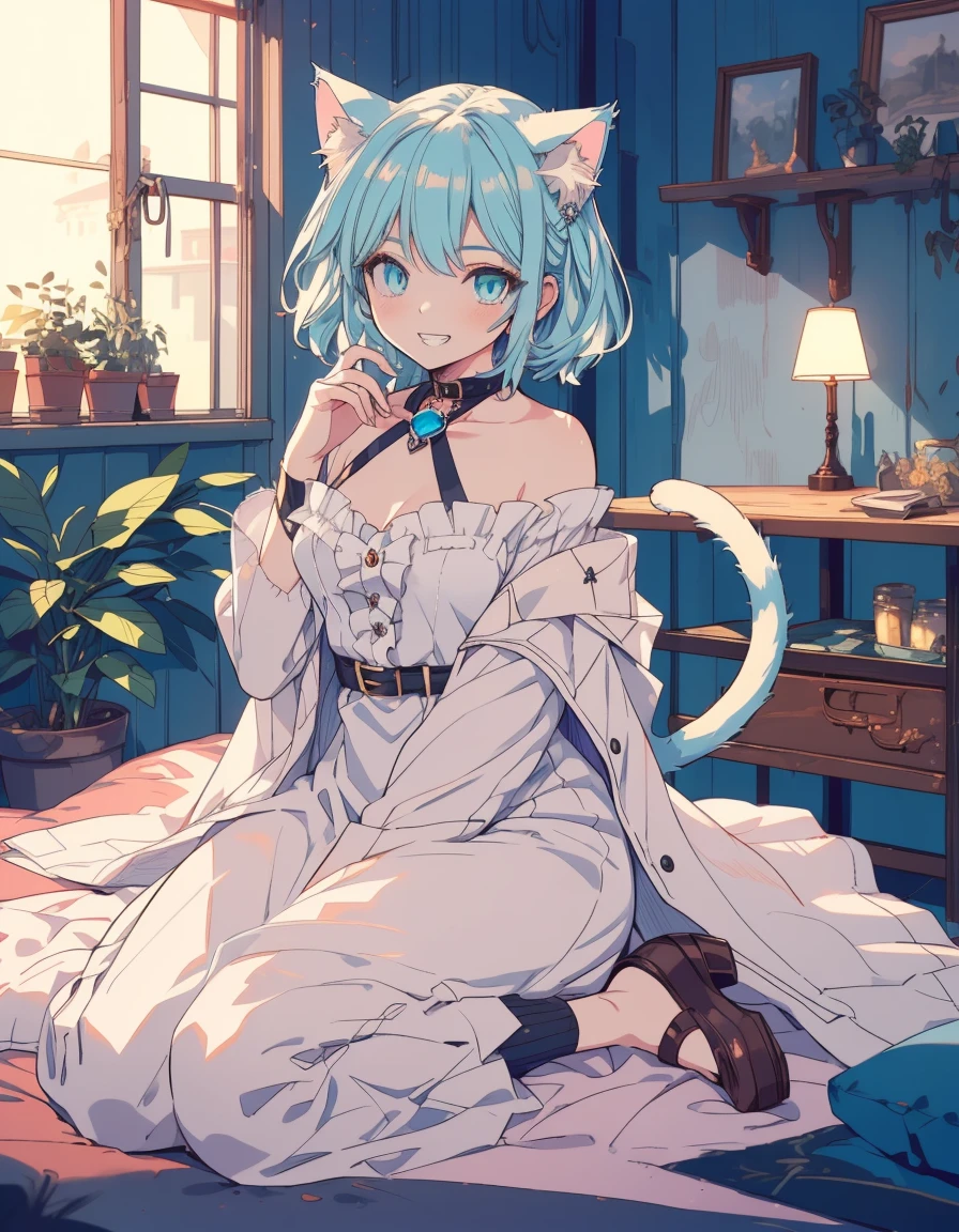 grin, wariza, fullbody, ((masterpiece, best quality:1.5)), ((Beautiful detailed cat aqua eyes:1.2)), cat ears, pale skin, small breasts, beautiful hands, beautiful fingers, EasyNegative