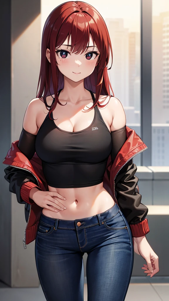 1 girl 20 years old, long red hair, (black eyes:1.5), pink cheeks, BREAK confident smile, confident face, confident expression, Acceptable, BREAK (masterpiece:1.2), Best quality, resolution high award, enhanced details, perfect image quality, standing, encouraging, seductive, perfect figure, (red-black jacket:1.5), (corp top:1.5), (jeans:1.5), upper body, blush, blush stickers, cleavage, collarbone, duel monster, off shoulder, pentacle, BREAK looking at viewer, BREAK outdoors, high resolution, unity 8k wallpaper, (illustration:0.8), (beautiful detailed eyes:1.6), extremely detailed face, perfect lighting, extremely detailed CG, (perfect hands, perfect anatomy),