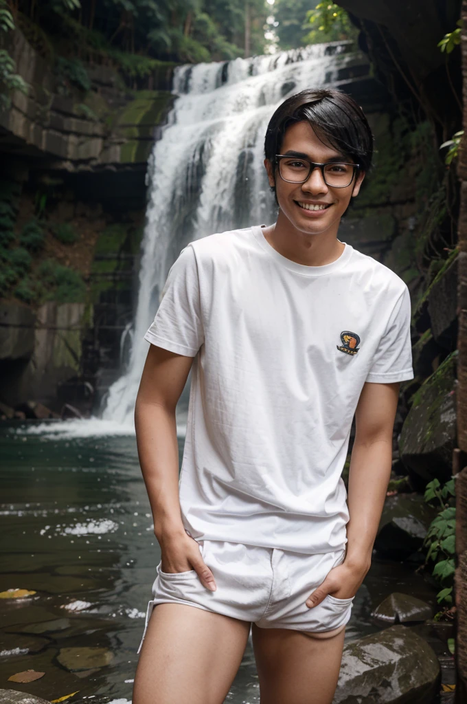 Create a man, 18 years old, Indonesian race, white skin, black hair, wearing clothes, wearing glasses, teeth like a squirrel, waterfall background, realistic pose like a model