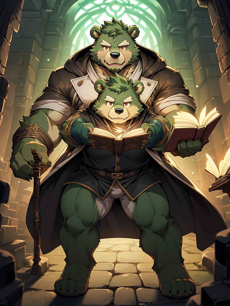 masterpiece, high quality, anime, detailed eyes, male jinpei, anthro, bear, Great physique, strong arms manly, Casual suit, (((green bear))), (((green fur))), green hair, beard, white eyebrows, bald, detailed red eyes, tall, Joyful, (black t-shirt inside), (((white unhooded trench coat ))), by zixiong, magic staff, dungeon, labyrinth, read a magic book and hold a magic staff, casting magic, action pose,