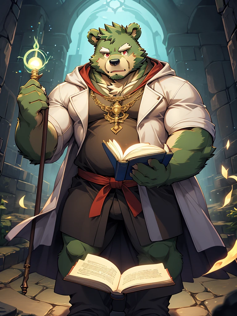 masterpiece, high quality, anime, detailed eyes, male jinpei, anthro, bear, Great physique, strong arms manly, Casual suit, (((green bear))), (((green fur))), green hair, beard, white eyebrows, bald, detailed red eyes, tall, Joyful, (black t-shirt inside), (((white unhooded trench coat ))), by zixiong, magic staff, dungeon, labyrinth, read a magic book and hold a magic staff, casting magic, action pose,