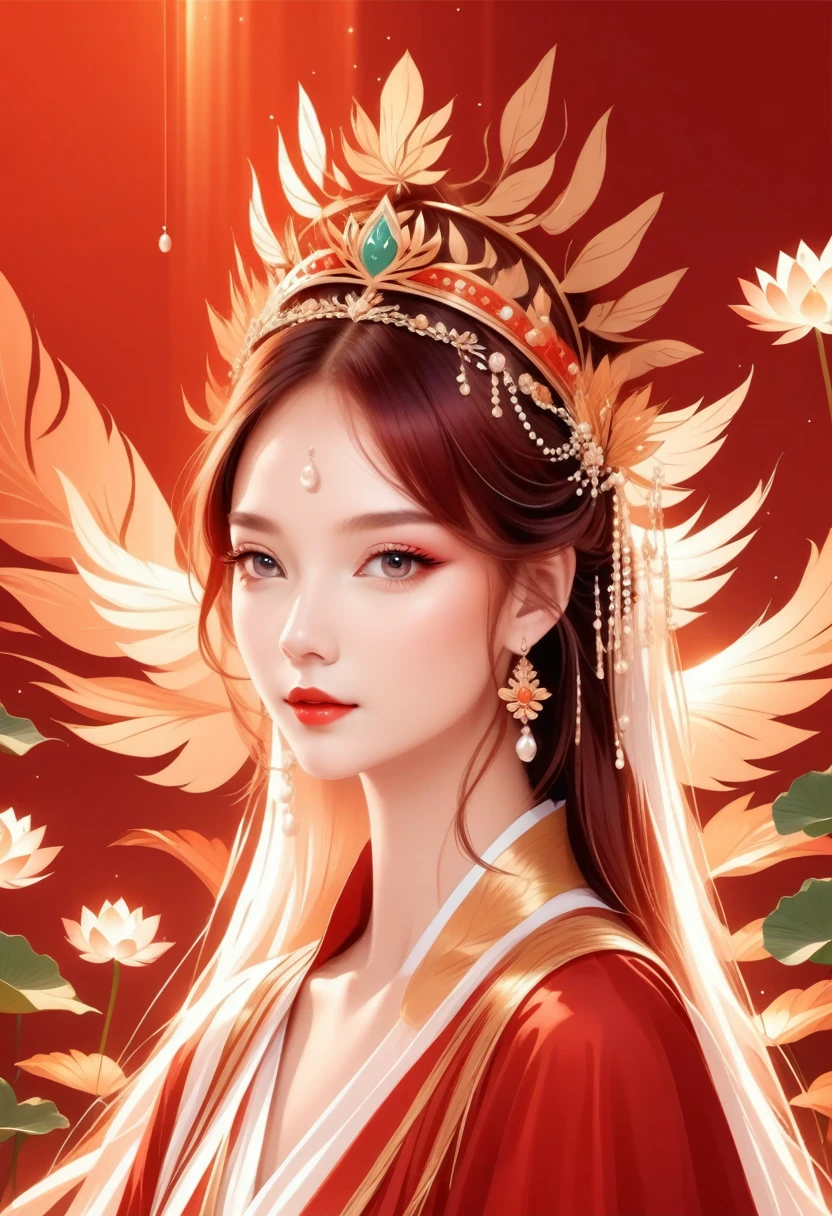 flat,Vector,careful painting,Simple lines,Beautiful girl,portrait,Crown of the Phoenix,fringed tiara,Pearl crown,red, Lotus leaf background