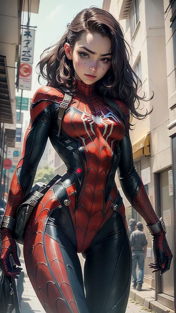 Beautiful woman detailed defined body using spider man cosplay, small breasts