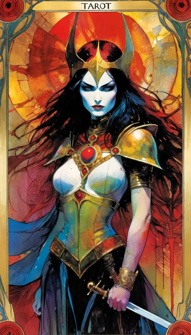 ((tarot card)) ((card frame)) , the justice, sword, blood, artwork artwork by Bill Sienkiewicz, vivid colors, intricate details, oil.
