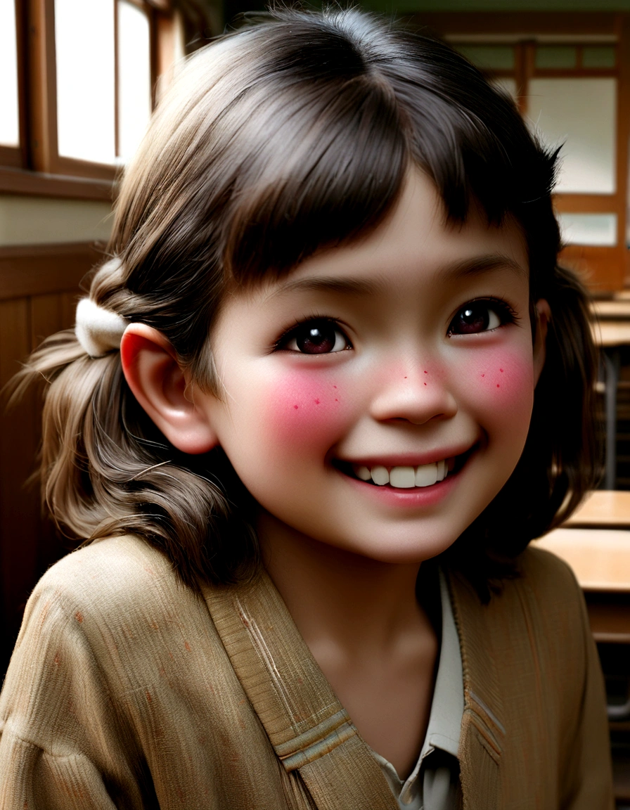 ittle girl, japanese ,embarrassed, , (grin), (school), (()), school, RAW photo, realistic,(vibrant detail, beautiful background, absurdres, octane render, illustration, an extremely delicate and beautiful, embarrassed, extremely detailed, naked