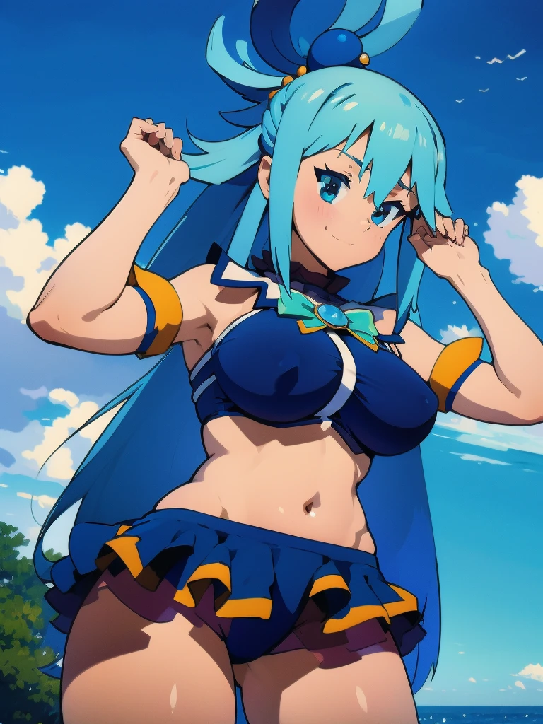 Best Image Quality, 8 k, high quality, masterpiece:1.2), ((masterpiece)), (high detail, high quality, Best Image Quality), solo, 1 girl, Konosuba ,aqua, detailed face, A smirk on his face, looks at the viewer, detailed clothing, detailed fabric, Hair rings, bikini, былые bikini, bare shoulders, bare hands, bare thighs, big breasts, middle thighs, beach, Sea, beachный зонтик, hands up