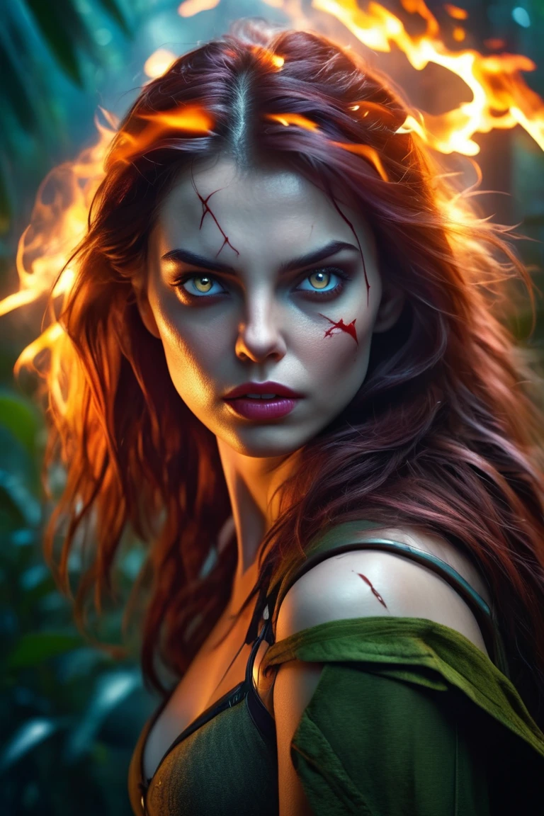 (hyperreal:1.4),
(((full body shot:1.5))), RAW, emotional, dynamic, distortion for emotional effect, bright, use of unusual colors, Nice cinematography, (realistic, photo realistic:1.4),
vampire girl, armed, jungle, Quiet Bay, superhero with magical powers, creating such elements, like fire and lightning, radiating an aura of mystery,
detailed eyes, detailed face, Detailed skin,