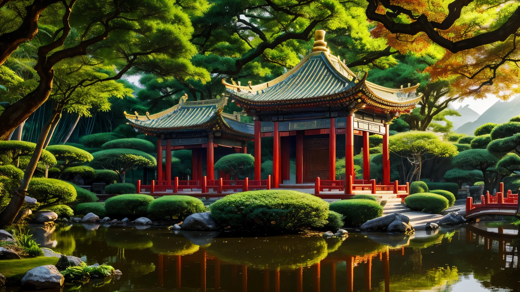 a chinese temple in a fantasy landscape, intricate chinese architecture, ornate chinese pavilion, mythical chinese gods and celestials, serene oriental garden,bamboo forest,lush foliage, ornamental pond, dramatic lighting, cinematic composition, highly detailed, 8k, photorealistic, masterpiece, vibrant colors, chiaroscuro lighting, dramatic shadows, ethereal atmosphere, magical realism