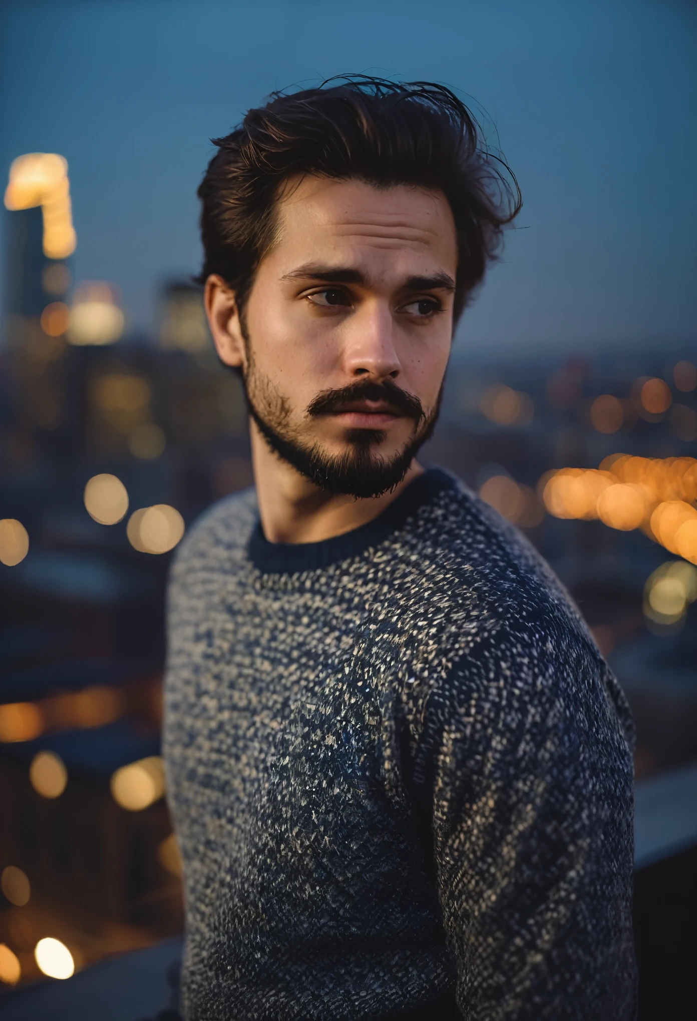 closeup photo of a man wearing fitted sweater, facial hair, blurred city skyline, urban rooftop, twilight, natural light, city lights, subtle backdrop, intense and introspective mood, skin texture, modern (rugged:0.4) aesthetic, thoughtful expression, charismatic, bokeh, cinemascope, moody, epic, gorgeous, film grain