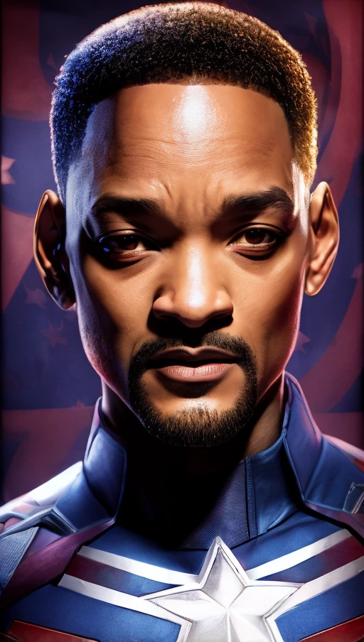 . Tarantino style Will Smith as Captain America 8k, high definition, detailed face, detailed face, detailed eyes, detailed suit, in style of marvel and dc, hyper-realistic, + cinematic shot + dynamic composition, incredibly detailed, sharpen, details + superb details + evening with light + perfectionism + award winning realism ((moody lighting))