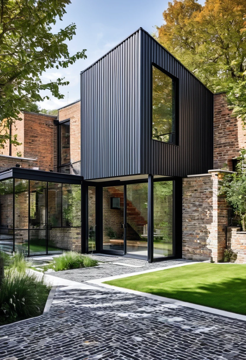 imagine an industrial house with different levels, with a glass wall divided by a massive black iron structure, a wall with English bricks, a black roof with a slope on the left side, grass in front, a stone floor up to the black main entrance door. Houses next door, Olmo trees at the entrance to the house
