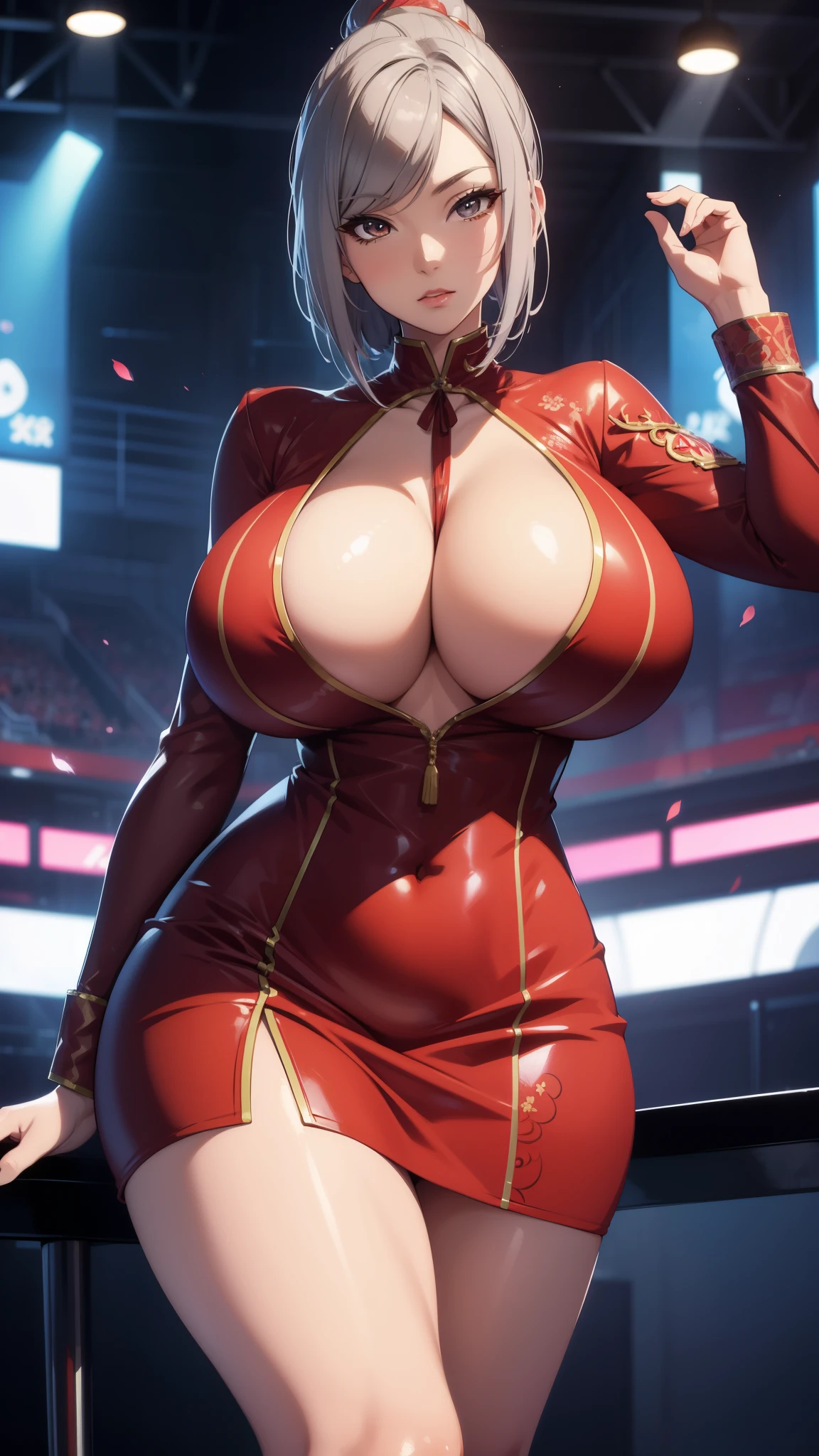 Meiko Shiraki in a sexy mini dress, highly detailed, with voluptuous curves, anime style, gigantic_breast, detailed shading, dynamic lighting, intricate background, digital painting by top artists, vivid colors, 4k resolution.