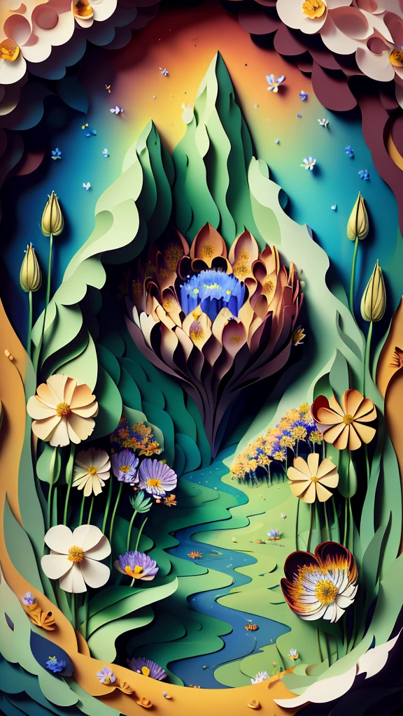 (masterpiece),(best quality), illustration, (fantasy:1.4), scenery, no human, Surrealism, drop shadow, anaglyph, stereogram, atmospheric perspective, 8k, super detail, accurate, best quality, UHD, a forest, (flowers:1.4) , paper_cut