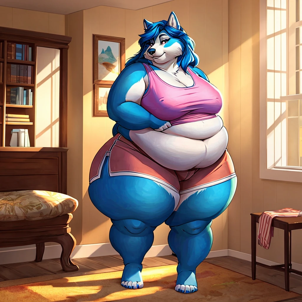 Malamute, female, long blue hair, black and blue body,, huge hips, huge thighs, plump, voluptuous,obese, gorgeous, beautiful, eyelashes, tank top, shorts,fat arms, fat legs, belly rolls, fat rolls, hip fat rolls, double chin, chubby cheeks , barefoot