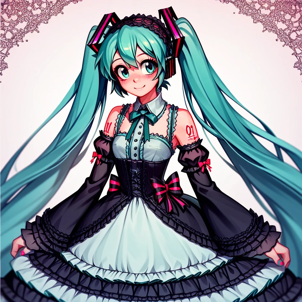 1girl. cutestyl3, cute, Hatsune miku, Gothic clothing, ****ta, halfbody, smile, blush 