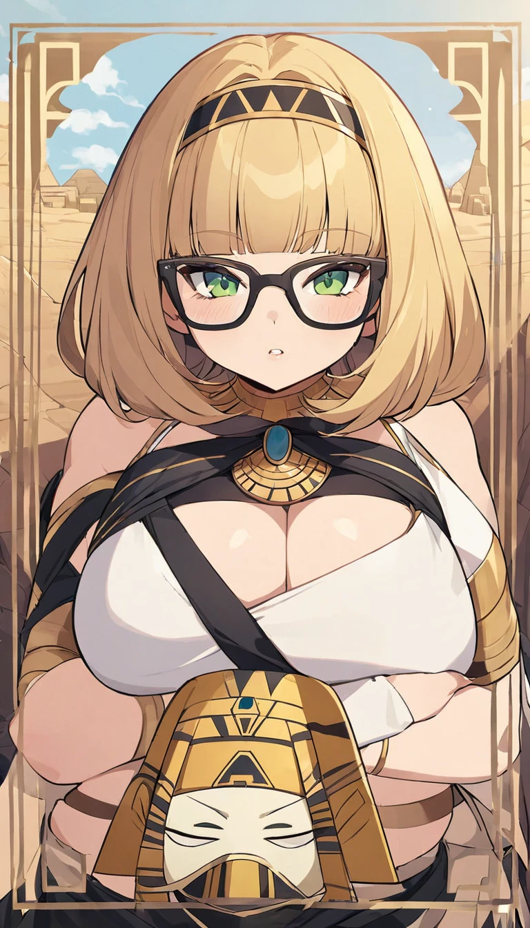 chubby girl, blonde, medium length hair,открытый лоб, без чёлки, green eyes, black glasses with square frames Egypt, ancient Egypt, clothes of ancient Egypt