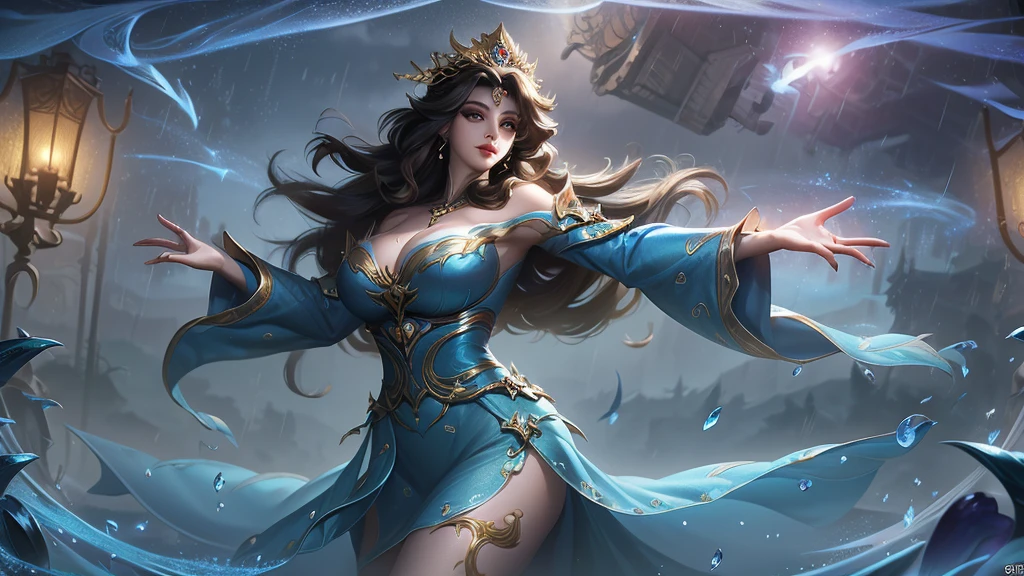 ((Best quality, 8 k, masterpiece: 1.3)), ((high dynamic range :1.4)), (Curvy), Red lips, Exquisite makeup, big eyes, ultra detailed, Charming Model, (tender eyes, Gentle lips), very high color saturation, extremely detailed computer graphics, unity 8k wallpaper, (Natural skin texture, ultra-practical, soft light, spicy), (Very detailed), Foreground, 1 girl, curly hair big breasts: 0.8, beautiful hair, Beautiful face, Beautiful and gentle eyes, Beautiful collarbone, Beautiful body, under rain, sexy body, top quality, form, Super detailed, finely, A high resolution, Beautiful and detailed eyes, natural lip, Long eyelashes, smiling, young woman, long curly hair, wide eyes, full length, Ultra detailed, eye gradient, finely детализированные красивые глаза, symmetrical eyes, big glare on the eyes, Brilliant eyes:1.2, tarot, Major Arcana Star