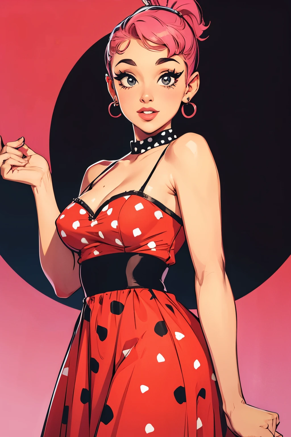 Ariana Grande, retro artstyle, ponytail, beautiful_face, detailed_face, años 50, 50s, pin-up, sexy, pose seductora, polka dot dress