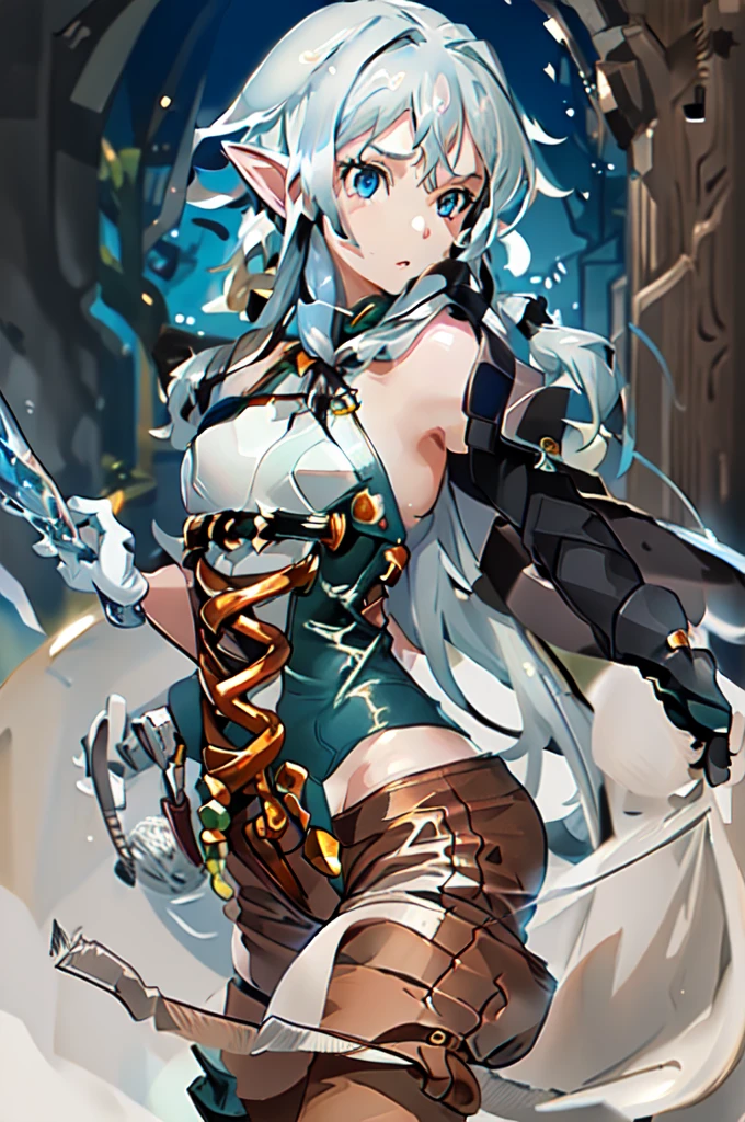 masterpiece, good quality, 1 elf girl, complicated, detailled eyes, brown skin, (close up shot), side view, no background, long silver hair, blue eyes, Viewers look at, White hat with blue decorations, white cape, white bikini top and tight pants with rips