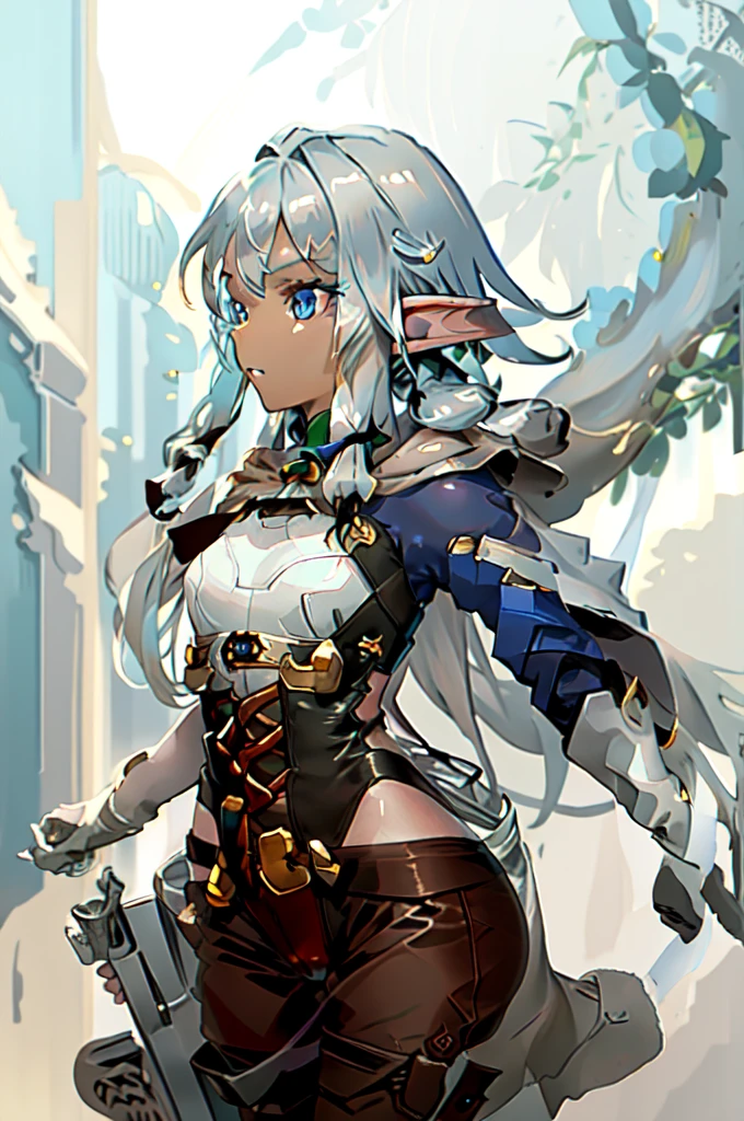 masterpiece, good quality, 1 elf girl, complicated, detailled eyes, brown skin, (close up shot), side view, no background, long silver hair, blue eyes, Viewers look at, White hat with blue decorations, white cape, white bikini top and tight pants with rips