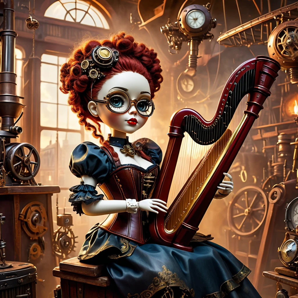 (voodoo doll playing the harp:1.2), (Voodoo Steampunk:1.3), (badass clothing: leather corset, aviator glasses, Gears and mechanical parts:1.0), (in the background steam engines, airships and Victorian buildings:1.2), best qualityer, work of art, detailed soft oil painting, detailed back ground, dramatic cinematic lighting, soft edge lighting, proffesional, dramatic lighting, hard edge lighting, ultra quality, 4K, work of art, best qualityer, 8K, ultra high definition, high resolution, extremely detaild