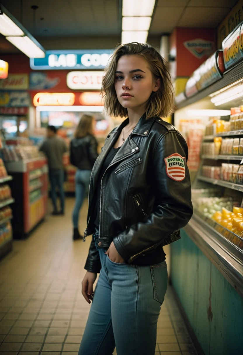 full body photo of a 23 year old Dutch woman, undercut hairstyle, tee, leather jacket, jeans, 80s convenience store, very detailed, atmospheric haze, film grain, cinematic film still, shallow depth of field, highly detailed, high budget, cinemascope, moody, epic, gorgeous, 2000s vintage RAW photo, photorealistic, color graded cinematic, eye catchlights, atmospheric lighting, skin pores, imperfections, natural, shallow dof