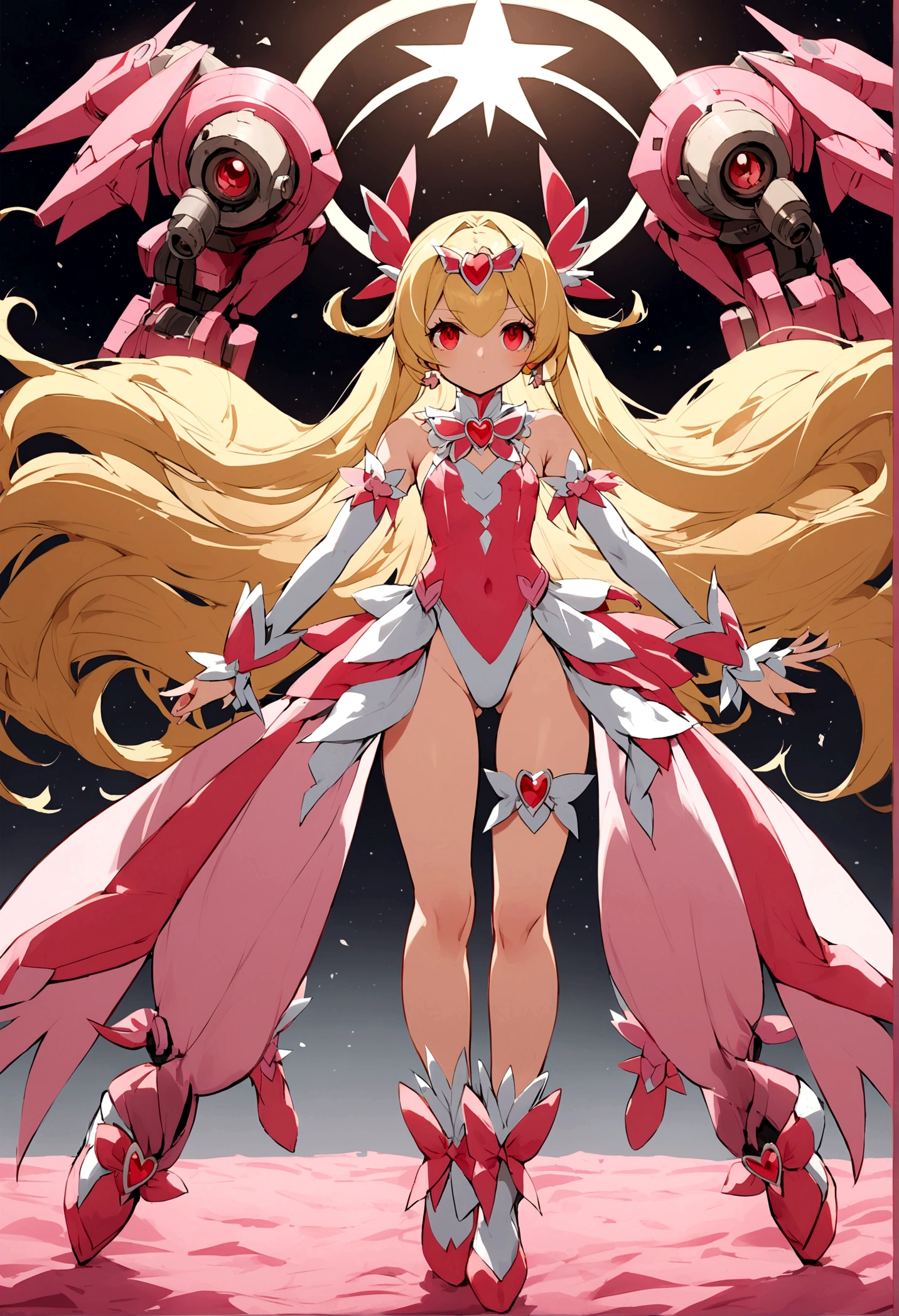 Mecha Style magical girl, blond Hair, Red eyes, her Outfit is based in a magical girl leotard combined with numerous mecha Style Accessoires, full Body in picture, looking towards viewer