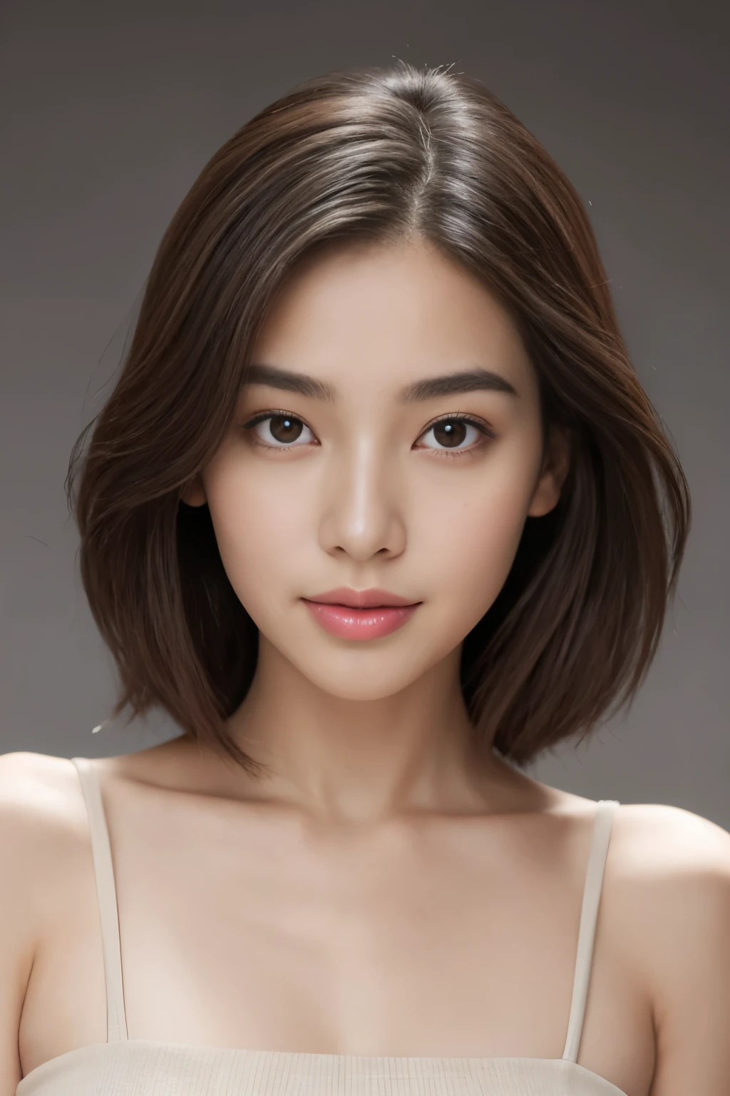 Create a (( mid-shot )) photorealistic image of a beautiful Asian woman with fair, smooth, flawless skin. She has large, round, sparkling eyes with naturally long and curled eyelashes, and well-defined, dark eyebrows. Her nose is straight and high, and her naturally pink, soft lips form a gentle smile. She has short, slightly curled brown hair that highlights her delicate facial features. Her face is oval-shaped, with a wide and high forehead, moderately high cheekbones, and a pointed, slender chin. (( waist to top)) ((, visible black line)), (()), As she confidently posing for camera, , studio light, gray background, (((full body)))