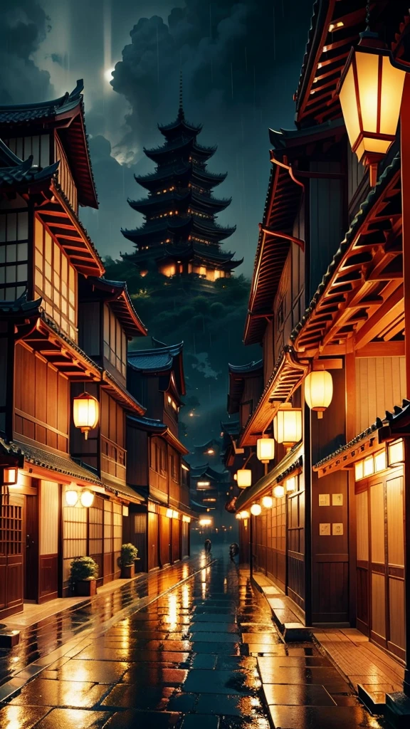 angry view of a village with lots of lights on the buildings, dreamy chinese city, chinese village, amazing wallpaper, japanese city, japanese village, hyper-realistic photo of a city, ancient asian village, japanese city, by raymond han, rainy night, cyberpunk chinese ancient castle, beautifully lit buildings, night during rain, beautiful and aesthetic, photography, cinematic, 8K,  Highly detailed ((heavy rain)))