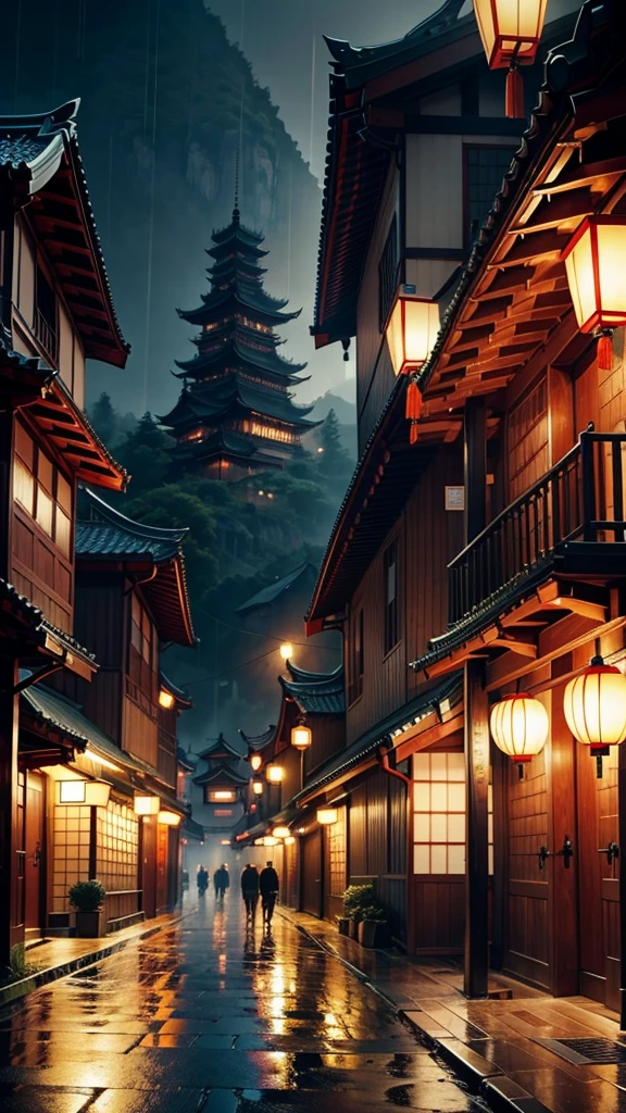 angry view of a village with lots of lights on the buildings, dreamy chinese city, chinese village, amazing wallpaper, japanese city, japanese village, hyper-realistic photo of a city, ancient asian village, japanese city, by raymond han, rainy night, cyberpunk chinese ancient castle, beautifully lit buildings, night during rain, beautiful and aesthetic, photography, cinematic, 8K,  Highly detailed ((heavy rain)))