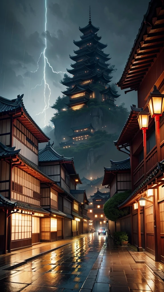 angry view of a village with lots of lights on the buildings, dreamy chinese city, chinese village, amazing wallpaper, japanese city, japanese village, hyper-realistic photo of a city, ancient asian village, japanese city, by raymond han, rainy night, cyberpunk chinese ancient castle, beautifully lit buildings, night during rain, beautiful and aesthetic, photography, cinematic, 8K,  Highly detailed ((heavy rain)))