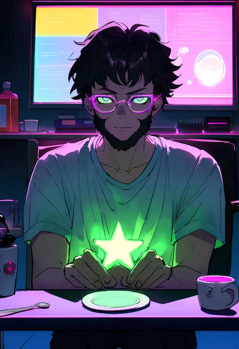 original, grand angle, In a bright caFe、A man wearing glasses is sitting in a chair in Front oF a Futuristic computer screen., 30 ans,blanc Skin, cheveux noirs, cheveux ondulés,Cheveux mi-longs,SoFtware Development Engineer.,Typographie de l'ours, barbe,T-shirt noir,pantalon noir,blanc, A coFFee cup is placed on the table., Displaying star inFormation, Matériel, environnement lumineux, Néon, ((Personnalités Cyberpunk))Facing Forward、wearing black Food, assis à un bureau en marbre moderne, regardant la caméra , l'homme porte un sweat à capuche gris foncé , Filmmaker neon blue background, scruFFy short brown hair, les mains sur la table ,grain de peau clair ,cinématique , chaud, soFt lighting ,FERMER PORTRAIT SOURIANT, objectif 24 mm,F/1.4, 9:16, in the style oF a disney pixar character typé arabe.