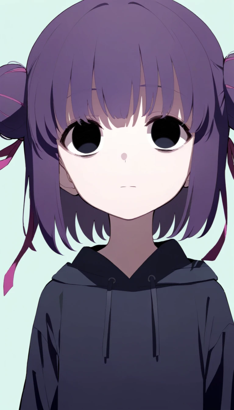 purple hair, double bun, hair ribbon, empty eyes,black eyes, expressionless eyes, cowboy shot,simple background
