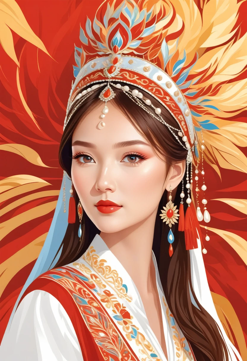 flat，Vector，careful painting，Simple lines，beautiful Kazakh girl， in national Kazakh clothesPortrait，Crown of the Phoenix，fringed tiara，Pearl crown，red， Lotus leaf background
