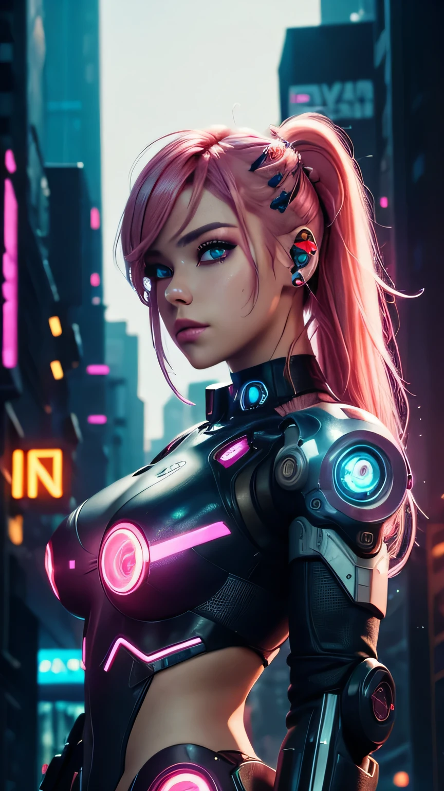 cyborg girl, robot hand, beautiful eyes, cyberpunk city background, neon light, pink hair, masterpiece, ultra high details