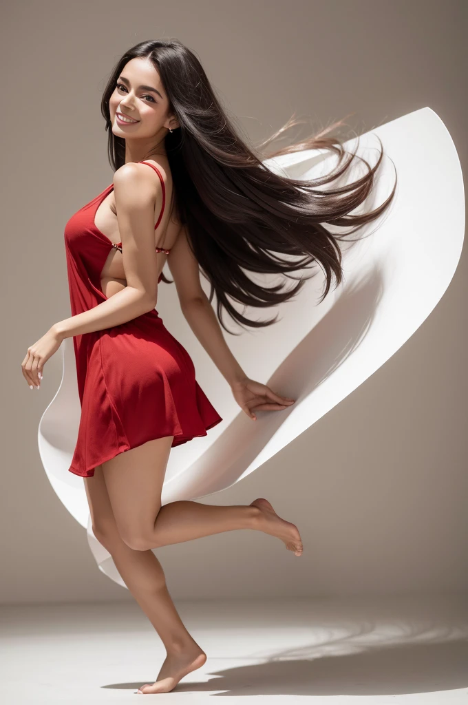 create a 28 year old Brazilian woman, standing model, posing backwards, Brown skin, long black hair, barefoot, white backdrop, wearing a red min dress, full body, smiling, jumping