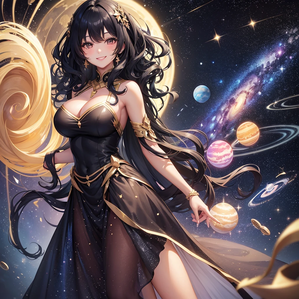 Woman with very long wavy big breast and black hair tan skin wearing a beautiful  glitter dress and smiling up. Little, surrounded by outerspace, planets, and galaxies