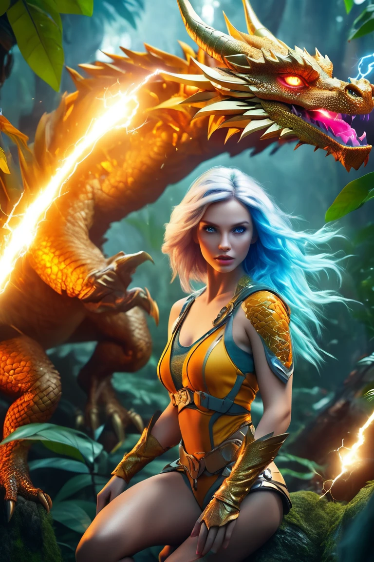 (hyperreal:1.4),
(((full body shot:1.5))), RAW, emotional, dynamic, distortion for emotional effect, bright, use of unusual colors, Nice cinematography, (realistic, photo realistic:1.4),
Dragon Girl, armed, jungle, Quiet Bay, superhero with magical powers, creating such elements, like fire and lightning, radiating an aura of mystery,
detailed eyes, detailed face, Detailed skin,