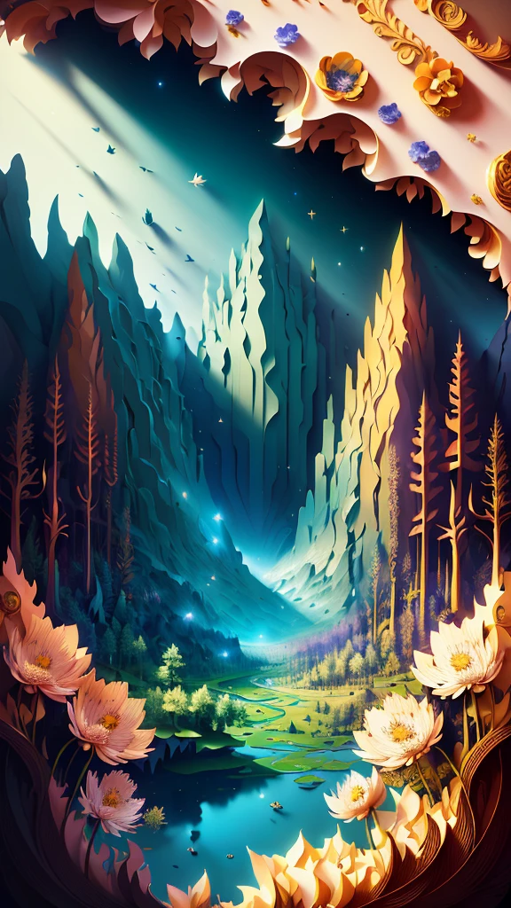 (masterpiece),(best quality), illustration, (fantasy:1.4), scenery, no human, Surrealism, drop shadow, anaglyph, stereogram, atmospheric perspective, 8k, super detail, accurate, best quality, UHD, a forest, (flowers:1.1) , paper_cut