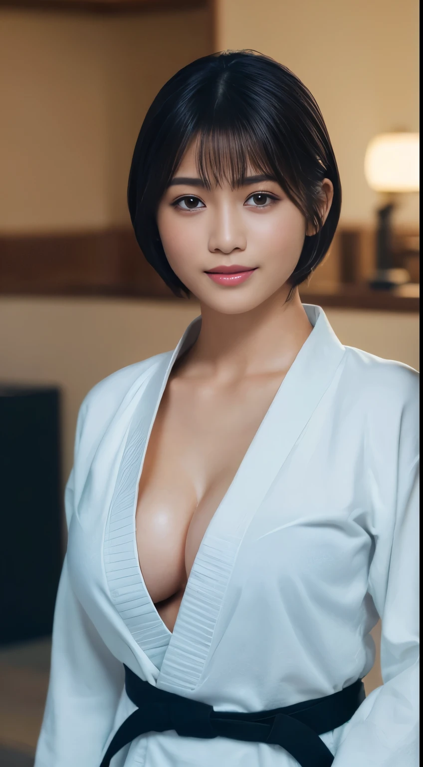 ((Highest quality, 8K, masterpiece: 1.3)), Sharp focus: 1.2, Beautiful woman with muscular body: 1.4, Arms hanging down, Slim abdomen: 1.2, ((Layered Haircut, big: 1.2)), Wet body: 1.1, Very detailed顔と肌の質感, Beautiful Eyes, double eyelid, Sunburned skin, Sunburned, Sweaty skin, 1 Girl, Beautiful and perfect face, Bobcut, Intricate details, Cinematic atmosphere, 8K, Very detailed, (Realistic, photoRealistic: 1.37), Very detailedな, Highest quality, Realistic, Very delicate and beautiful, RAW Photos, (((Professional Lighting)), Facial lighting, Depth of written border, Single Focus, (judo)), (wearing a judogi)), ((wearing a judogi)), (Very detailed judo belt)), ((Black belt)), (((super ))) 、Wear the official judo uniform), ((Long sleeve)), ((Wearing a T-shirt)), (Muscular and healthy), Small Head, (((Beautiful Eyes)), True Face, Realistic face, True Face, Beautiful Eyes, (Fashionable hairstyles: 1.3), Audience, (Cool Japanese women)), intellectual, Sports, (smile: 1.15), (Mouth closed), fine and Beautiful Eyes, (dojo: 1.3), judo選手, Healthy Body, (short hair: 1.2), short hair, Dark Skin、((Cleavage))、ding))