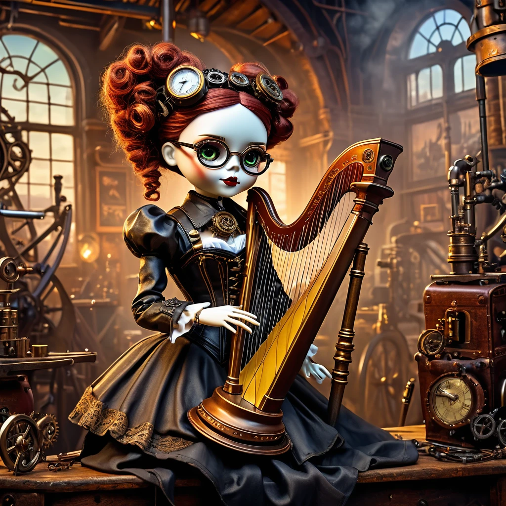 (voodoo doll playing the harp:1.2), (Voodoo Steampunk:1.3), (badass clothing: leather corset, aviator glasses, Gears and mechanical parts:1.0), (in the background steam engines, airships and Victorian buildings:1.2), best qualityer, work of art, detailed soft oil painting, detailed back ground, dramatic cinematic lighting, soft edge lighting, proffesional, dramatic lighting, hard edge lighting, ultra quality, 4K, work of art, best qualityer, 8K, ultra high definition, high resolution, extremely detaild